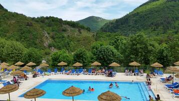 Seasonal outdoor pool, pool umbrellas, sun loungers