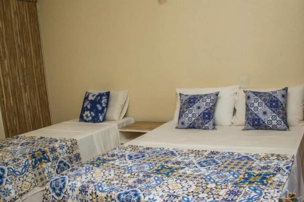 Una habitación con dos camas individuales, cada una con colcha y almohadas estampadas.