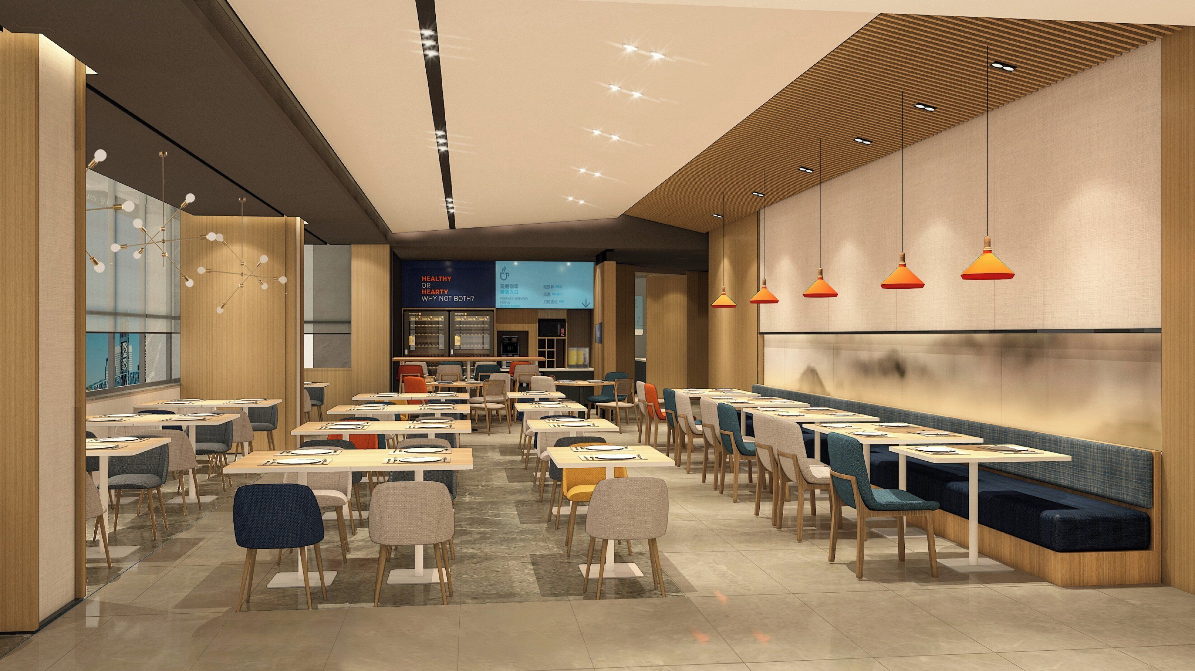 A modern restaurant interior with multiple dining tables and chairs, a counter area, and a seating section with benches.