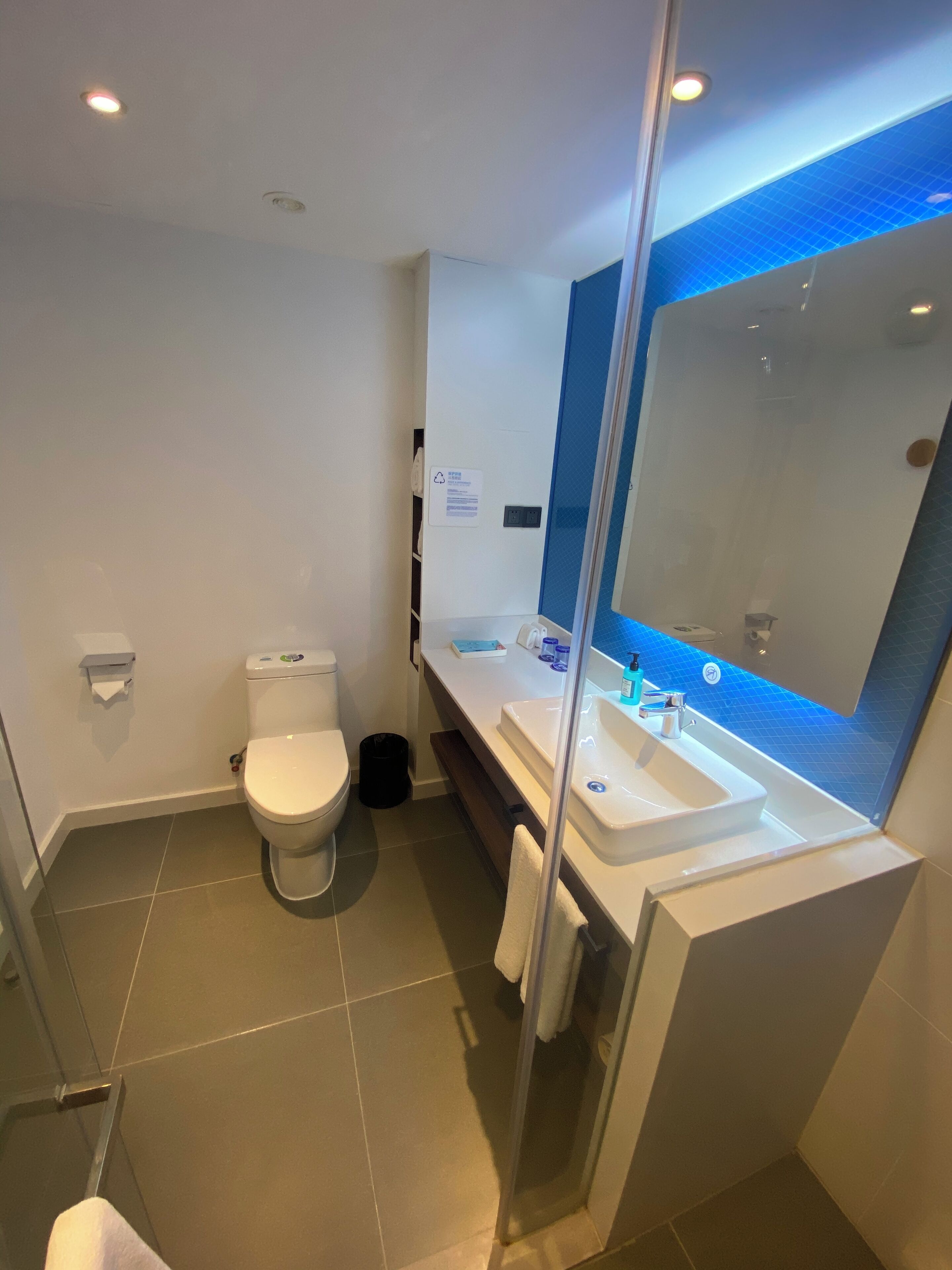 A modern bathroom with a toilet, sink, and mirror.
