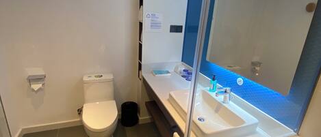 A modern bathroom with a toilet, sink, and mirror.
