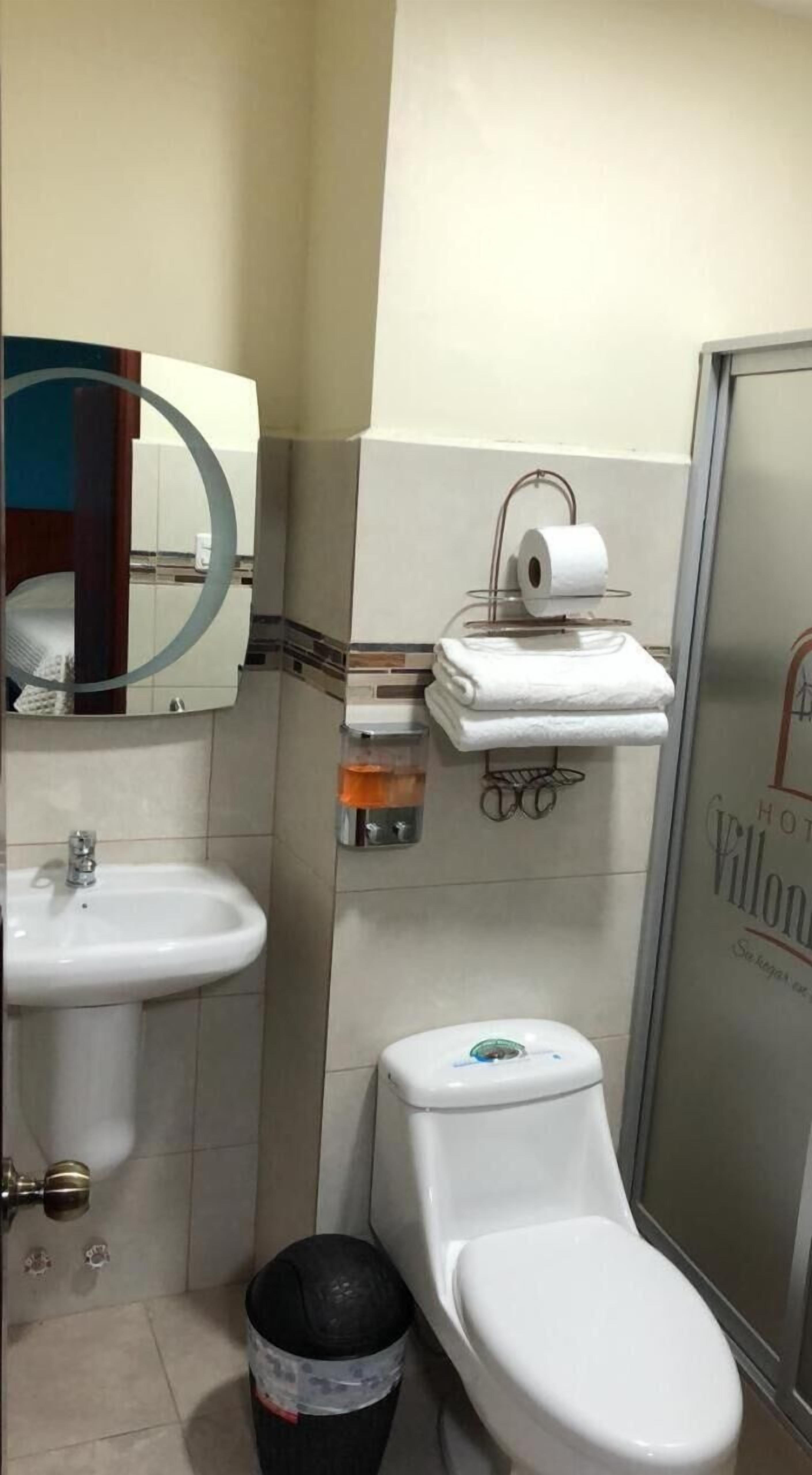 A bathroom with a sink, toilet, and a mirror.
