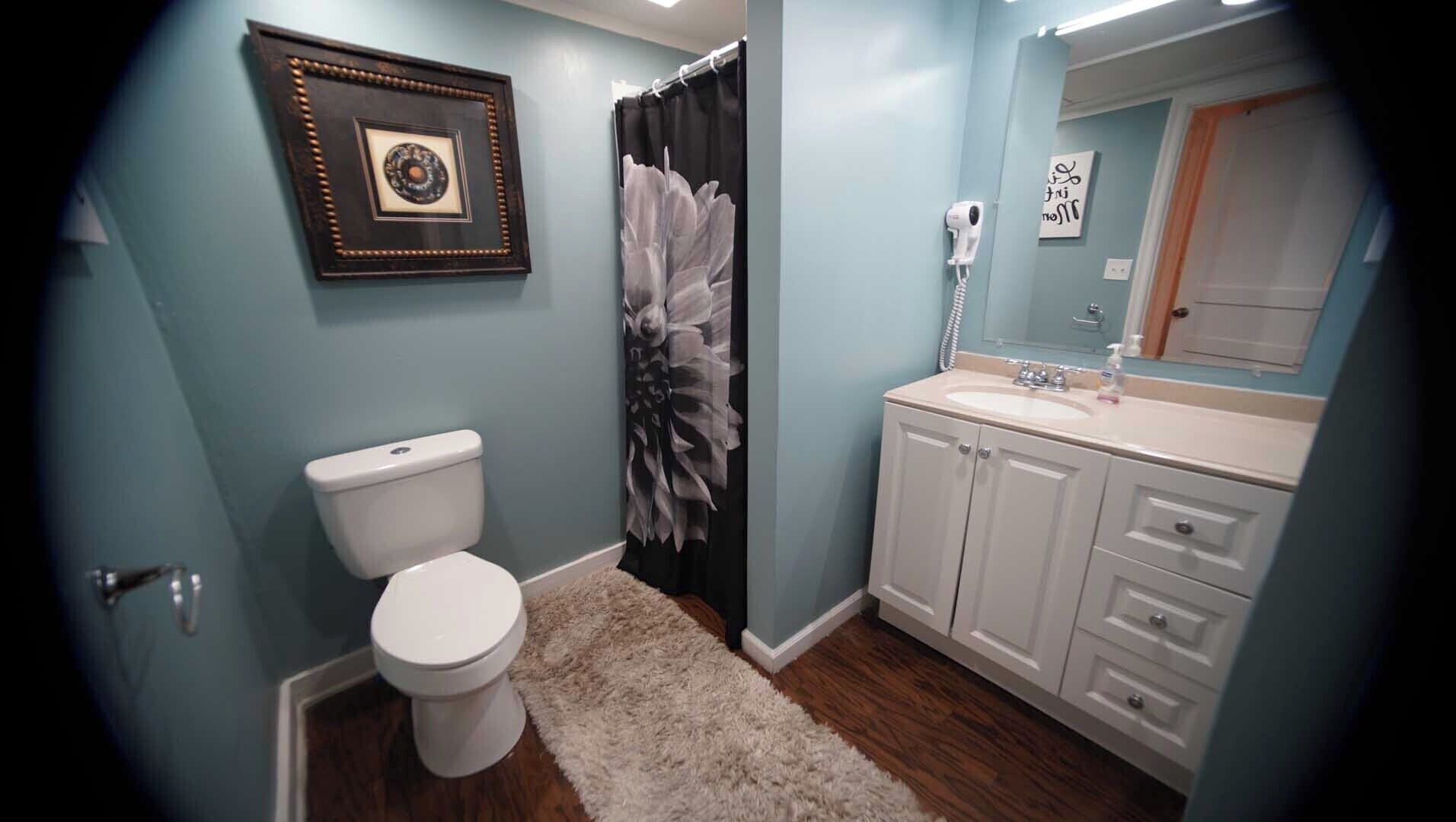 Een badkamer met een toilet, een wastafel en douchegordijn.