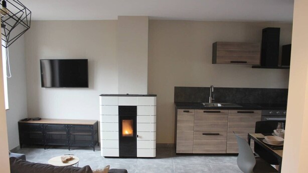 A modern living room with a fireplace, a flat-screen TV, a sofa, and a dining area with a table and chairs.