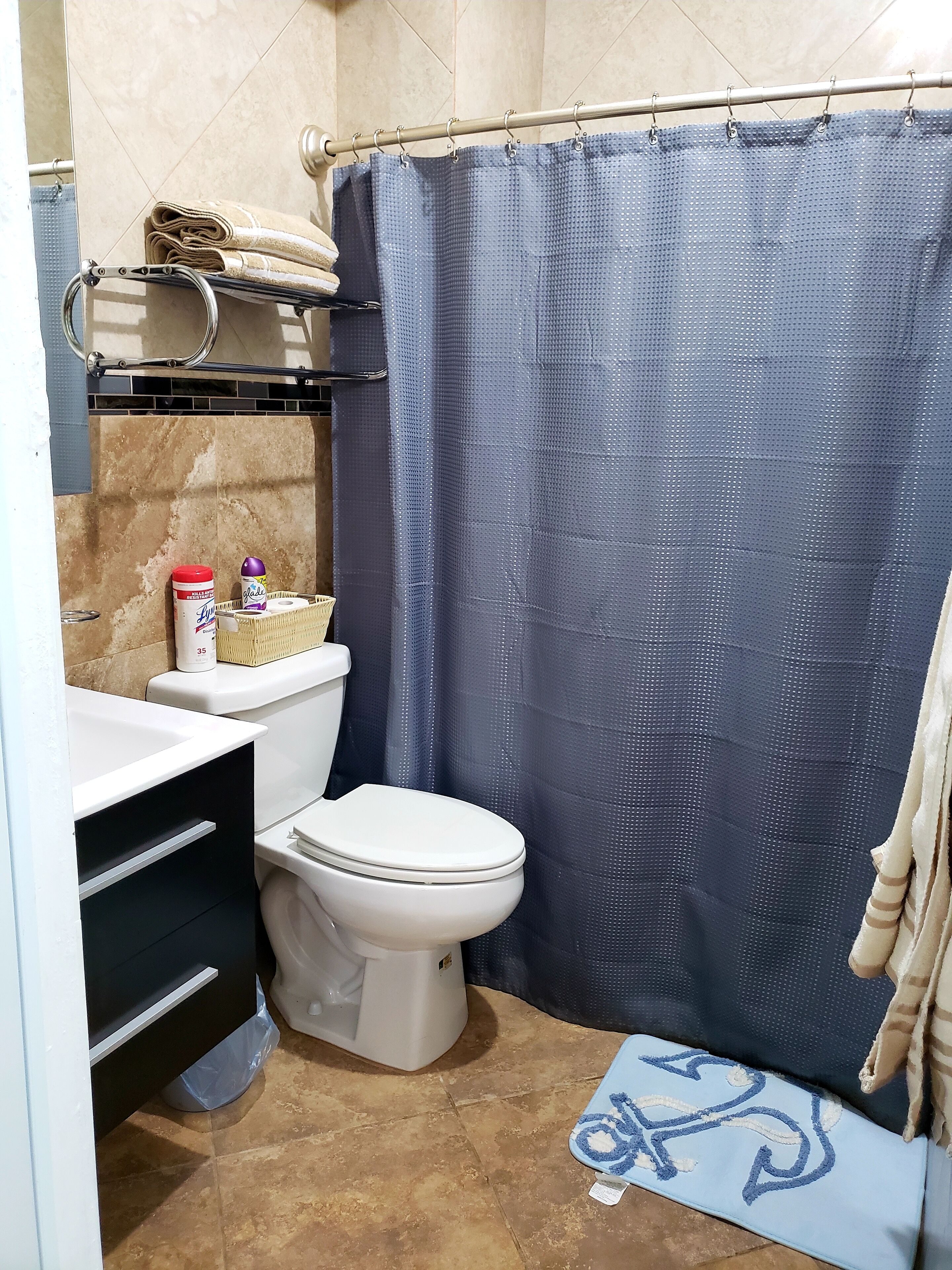 A bathroom with a toilet, a sink, a shower curtain, and a mat.