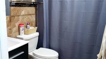 Un baño con inodoro, lavabo, cortina de ducha y una alfombra.