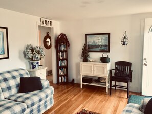 Smart TV, fireplace, DVD player, books