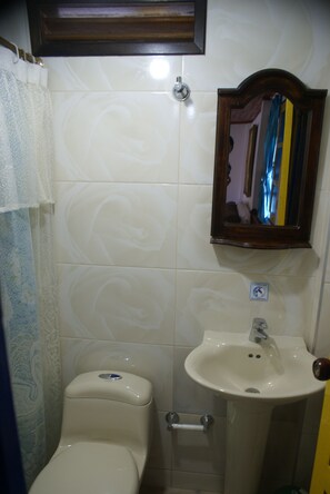 Familiekamer | Badkamer | Een douche, handdoeken, zeep