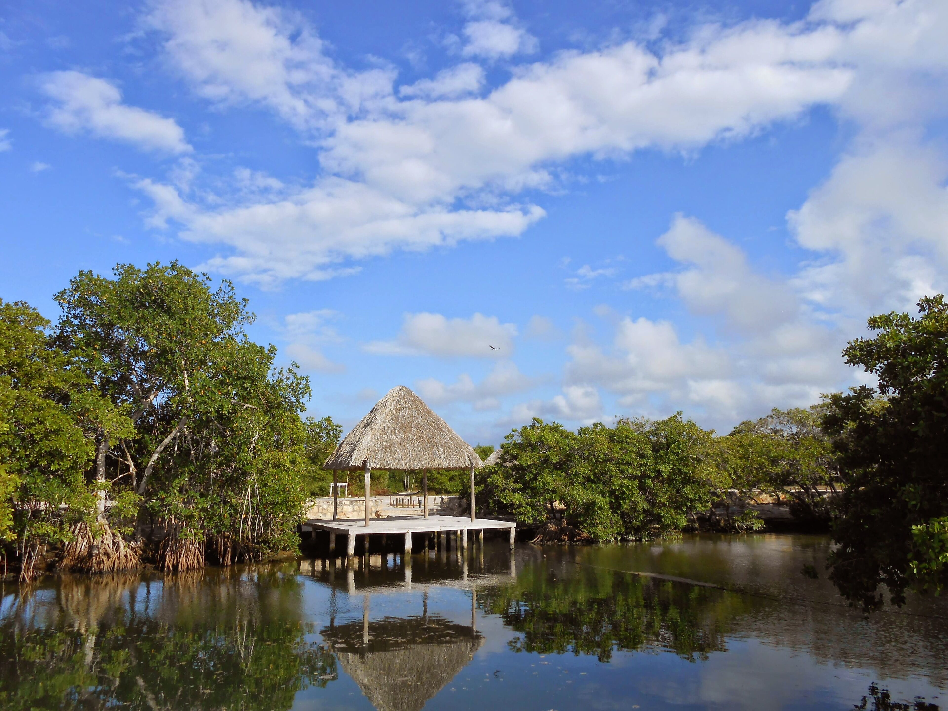 A thatched-roof structure on stilts over calm water, surrounded by dense greenery.