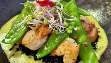 Un piatto con capesante scottate, verdure verdi e germogli.