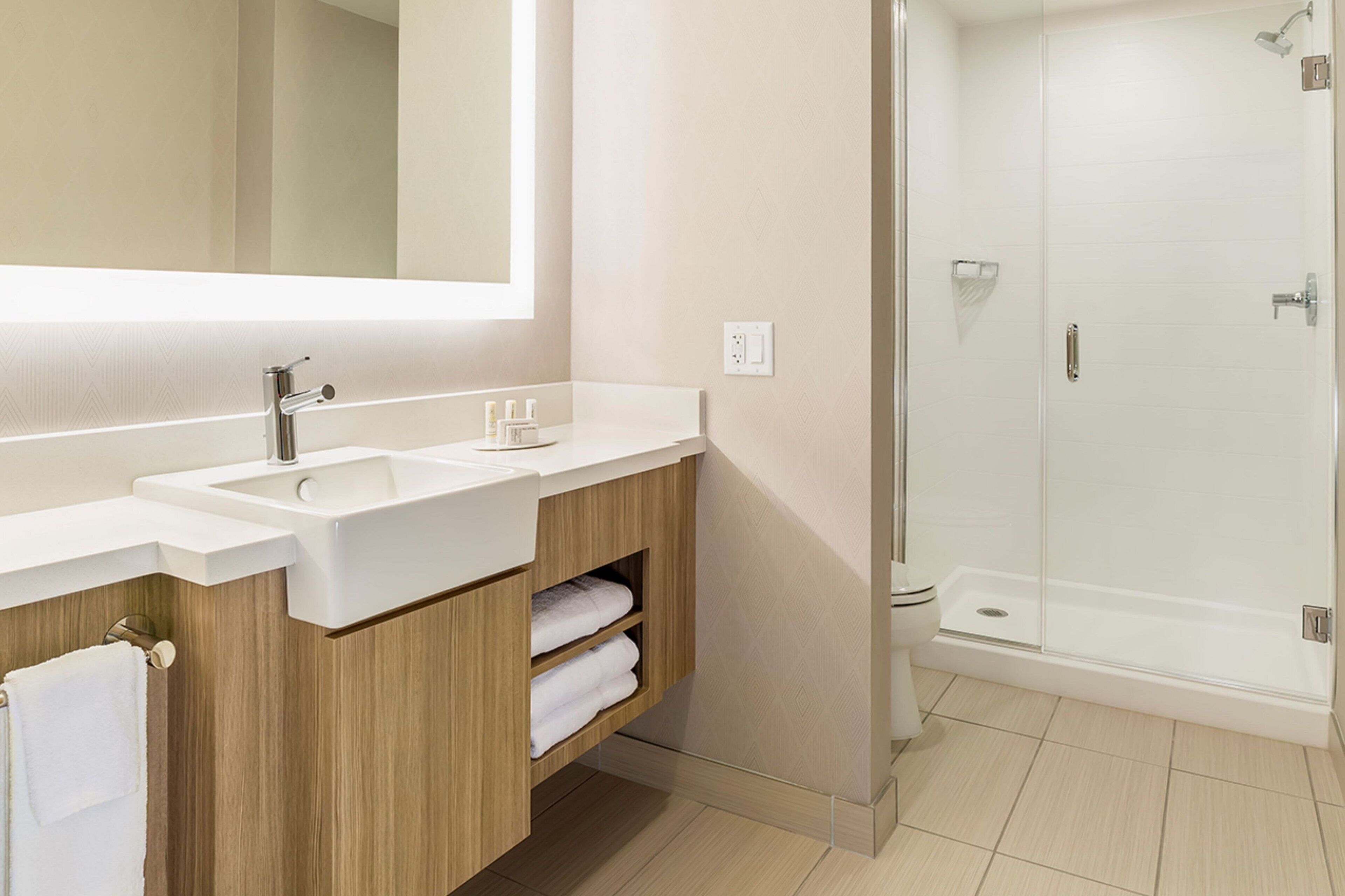 hair dryer, towels, soap, shampoo