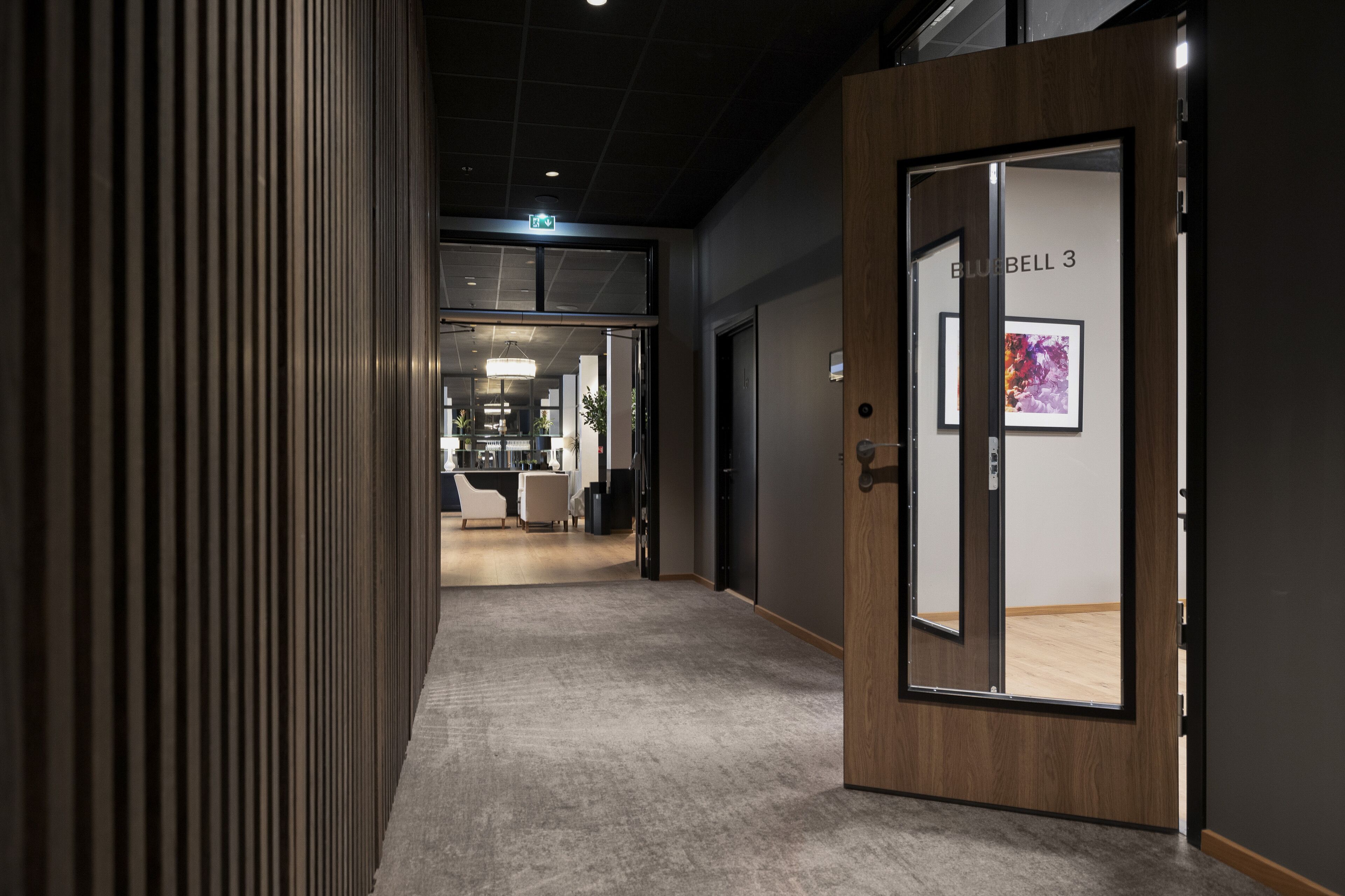 A hallway with a wooden door labeled "BLUEBELL 3," a carpeted floor, and a modern interior design.