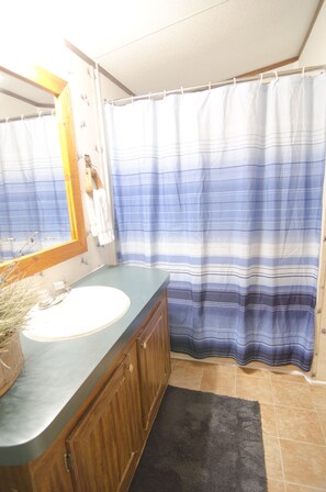 A bathroom with a wooden vanity, a sink, a mirror, and a shower curtain. - Boat Parking, NEAR 4 Springs, Near Racetrack, (Astor)