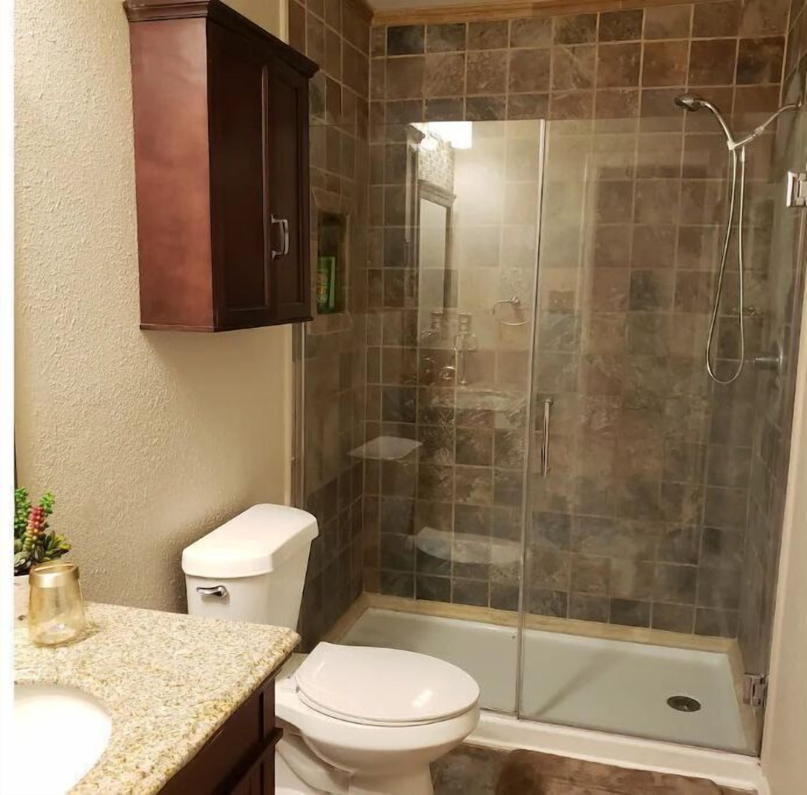Combined shower/bathtub, jetted bath, hair dryer, towels