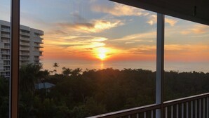 Vista del atardecer desde un balcón con barandilla, con vistas a un edificio y un área boscosa.