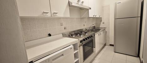 Fridge, microwave, coffee/tea maker, cookware/dishes/utensils