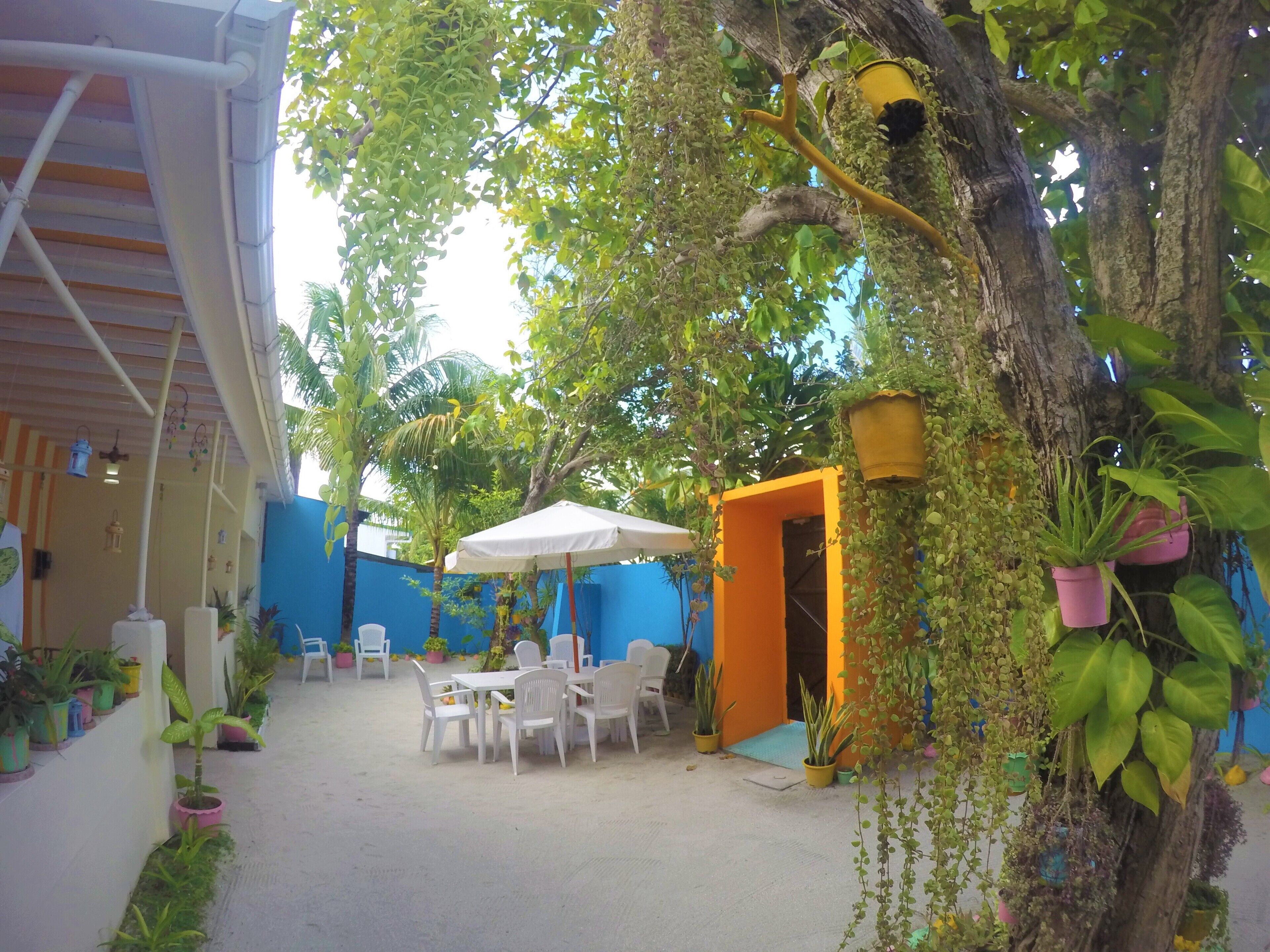 An outdoor patio area with white tables and chairs, surrounded by potted plants and a yellow wall.
