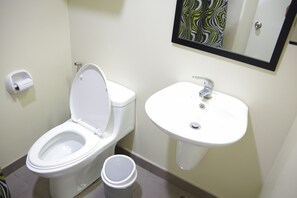 Ein Badezimmer mit Toilette, Waschbecken und Mülleimer.