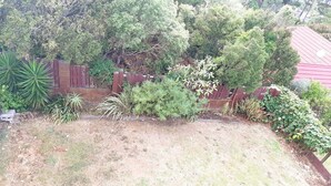 Ein Garten mit Holzzaun, verschiedenen Sträuchern und einem großen Baum.