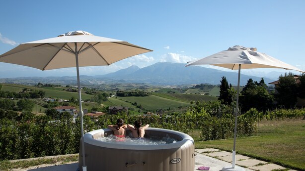 Un jacuzzi con dos sombrillas, vistas panorámicas a un viñedo y montañas al fondo.