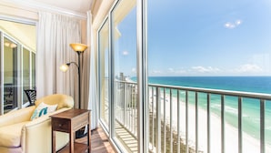 A balcony with a view of the beach and ocean. - 🏖️Gulf Front Pool + Tiki Bar - 2BR Boardwalk 1502🏖️ (Panama City Beach)