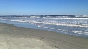 Una playa con olas y cielo despejado.
