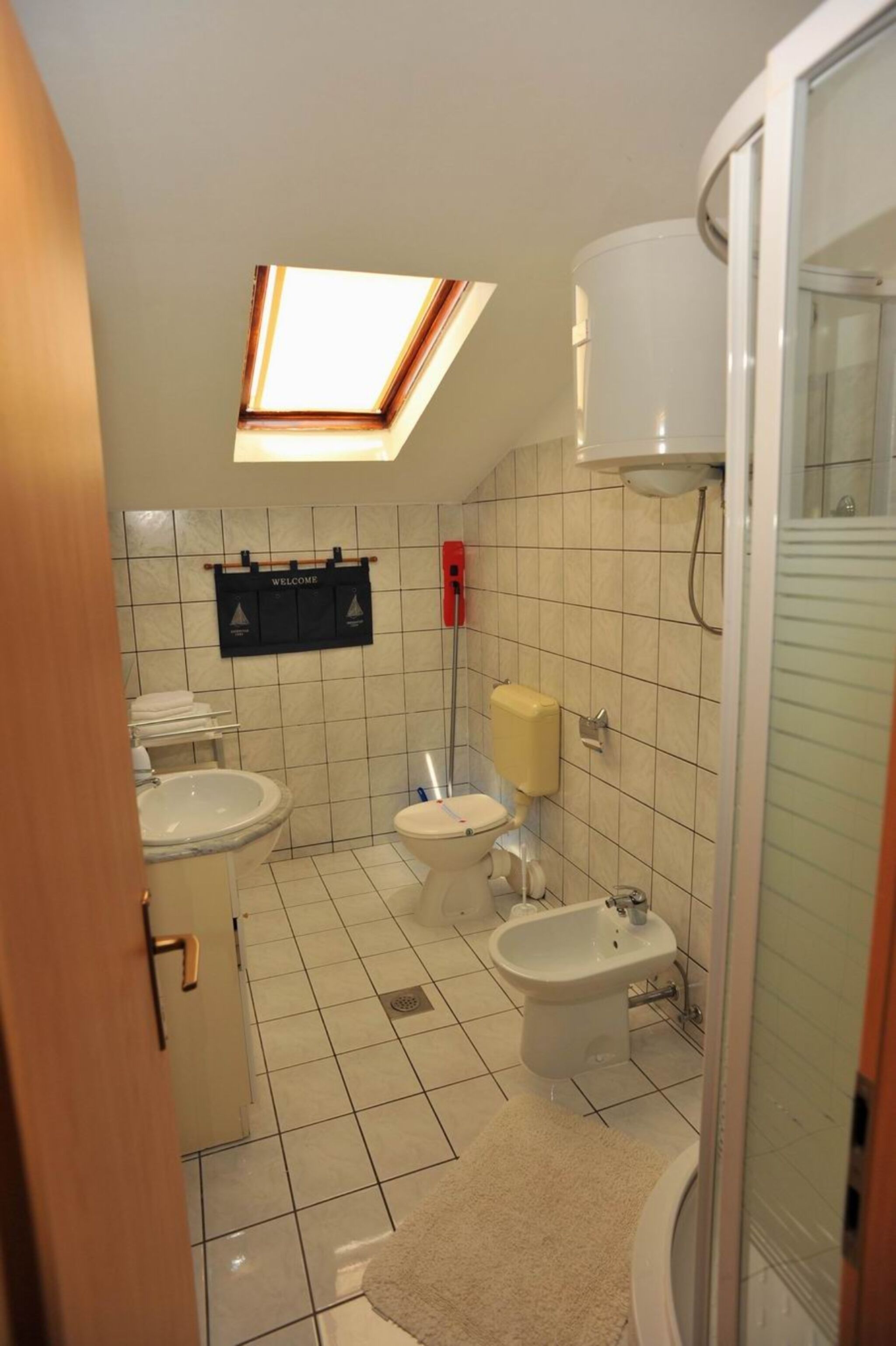 A compact bathroom with a skylight, a bidet, a toilet, and a sink.