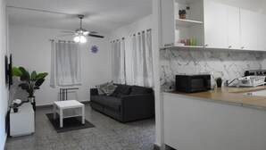 Een compact woongedeelte met een kitchenette, een plafondventilator, een bank, een klein tafeltje en een potplant.