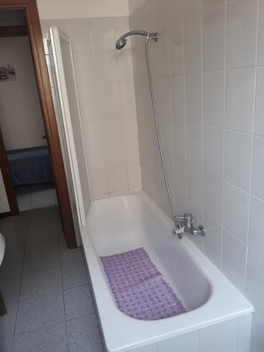 Bañera con ducha, bidet, jabón, papel higiénico
