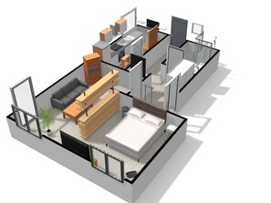 Modelo 3D de um apartamento moderno com sala de estar, cozinha e quarto.