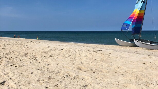 Une plage avec un voilier et un ciel bleu dégagé.