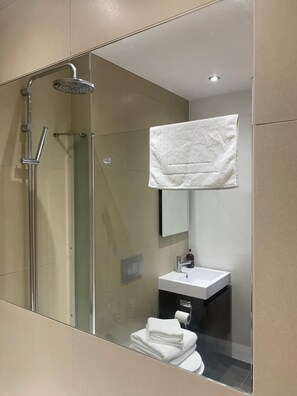 Combined shower/bathtub, hair dryer, towels