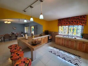 Fridge, microwave, stovetop, electric kettle