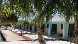 Een strandhotel met palmbomen, een zandpad en een zwembad.