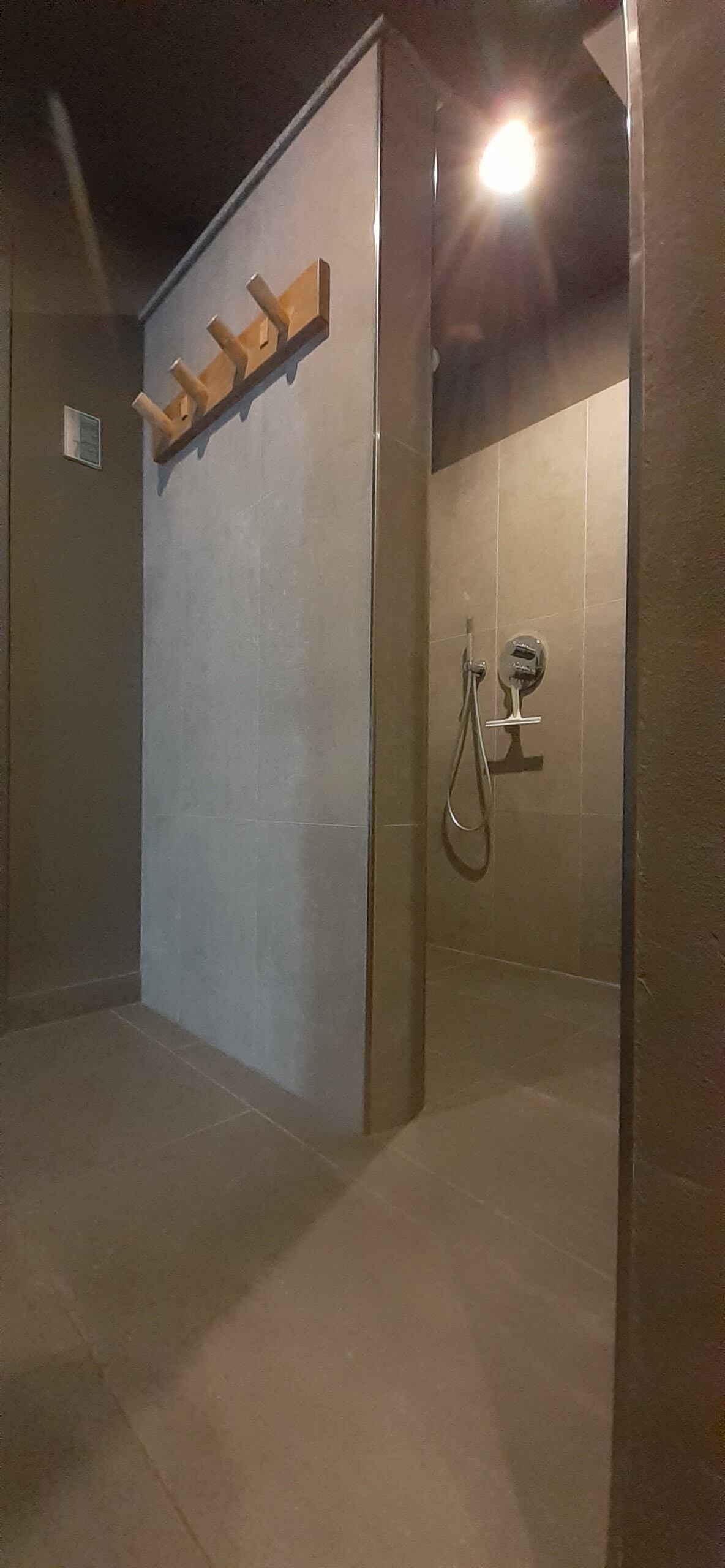 Une salle de bain avec une douche, un porte-serviettes et un luminaire.