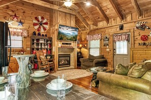 Smart TV, fireplace, video games, DVD player