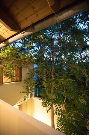 A view of a building with a wooden ceiling and a tree in the foreground.
