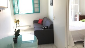A compact room with a glass table, a grey sofa with a red pillow, a potted plant, and a window with teal shutters.