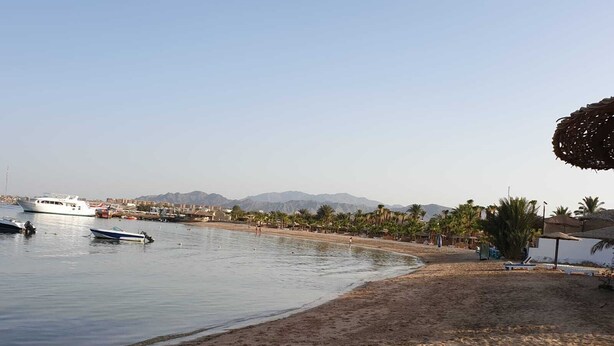 Una platja amb barques, palmeres i muntanyes al fons.