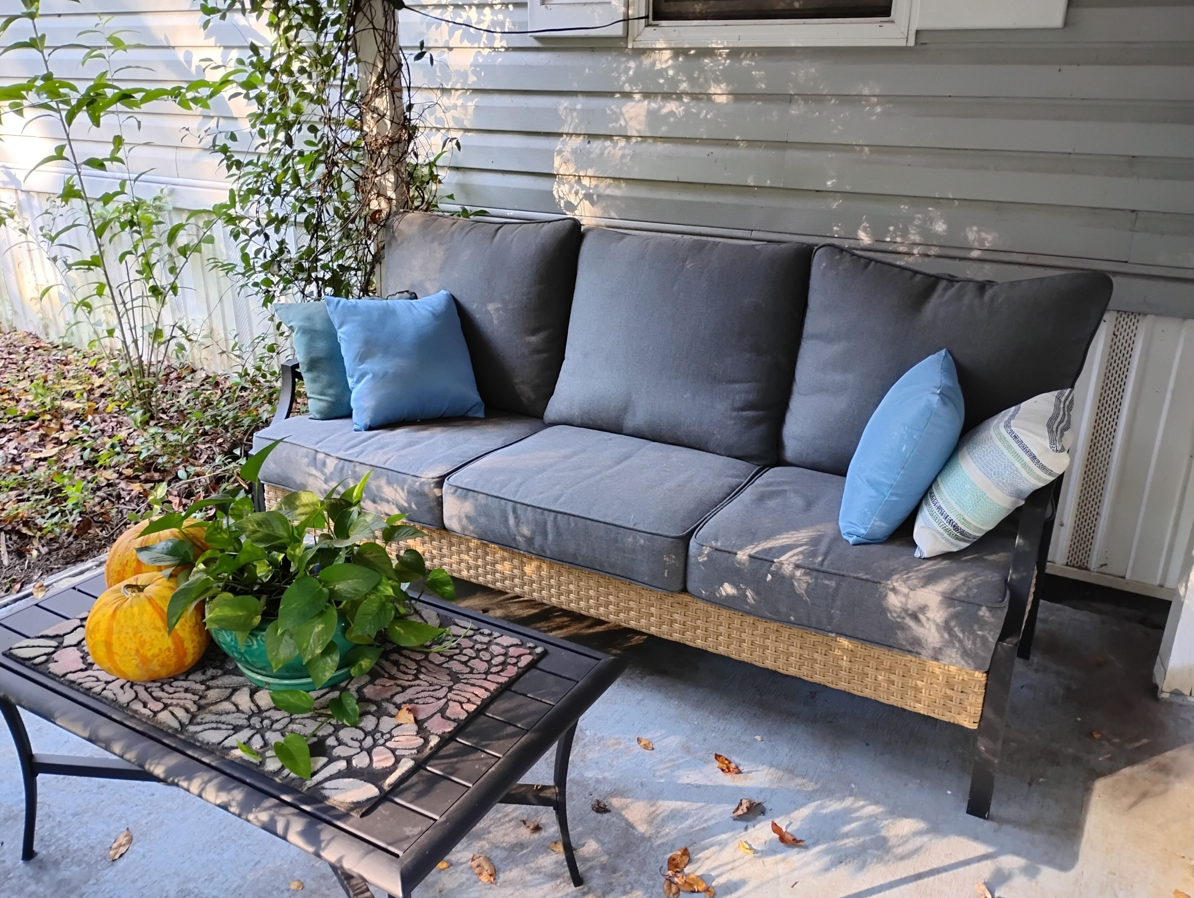 A grey sofa with blue cushions, a woven table, and a potted plant with yellow leaves.