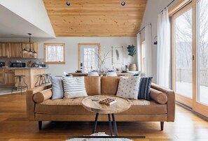 Smart TV, chimenea, libros, biblioteca de música