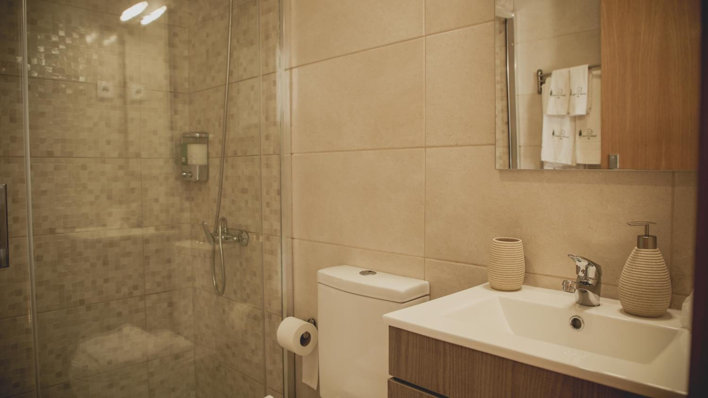 Un baño moderno con ducha envuelta en vidrio, un inodoro, un lavamanos con dispensador de jabón y un espejo sobre el lavamanos.