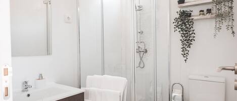 A modern bathroom with a glass shower enclosure, a white sink, and a toilet.