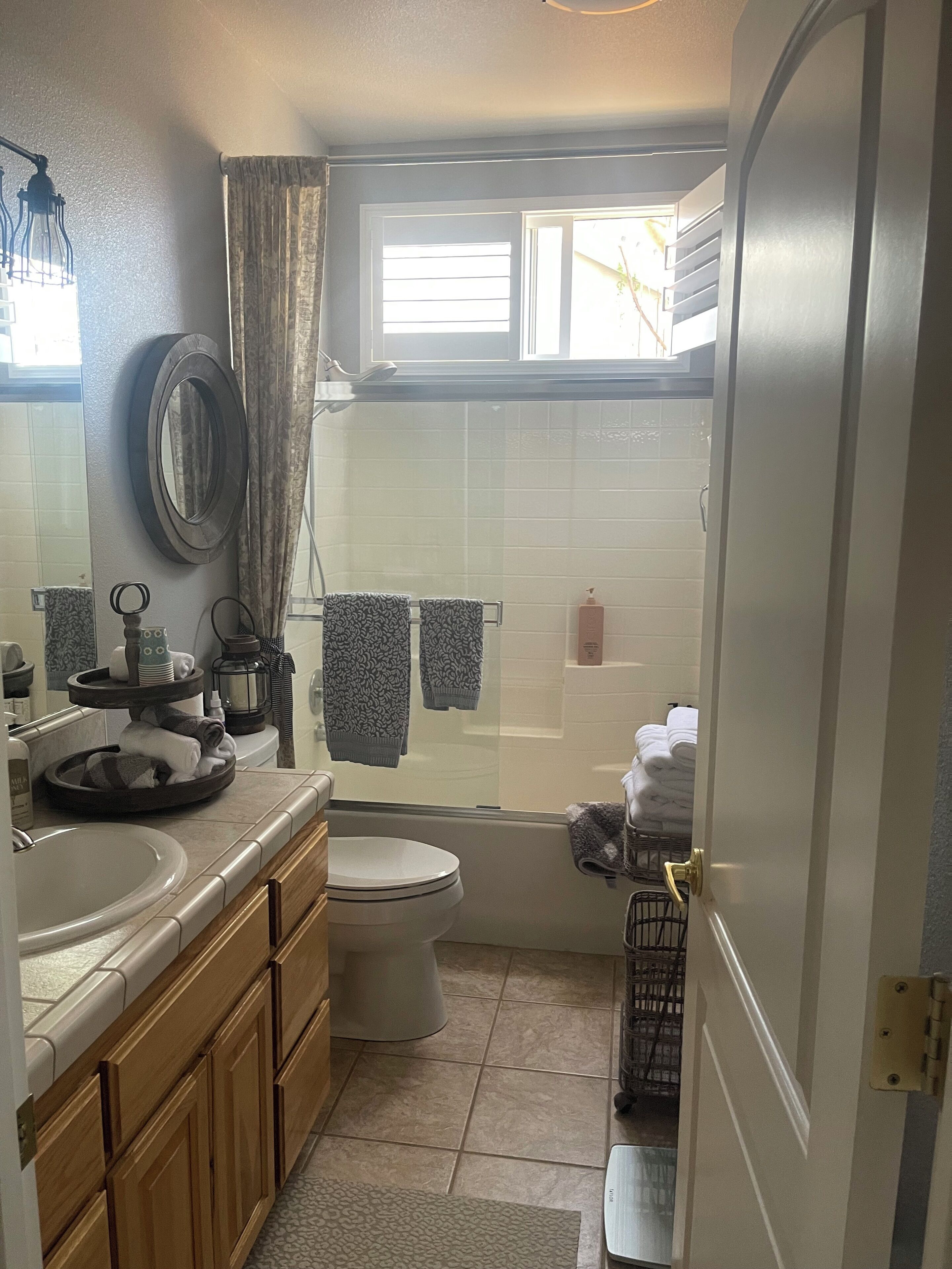 Hair dryer, towels, soap, toilet paper