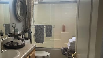 Hair dryer, towels, soap, toilet paper