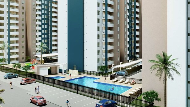 A high-rise residential building with multiple balconies, a swimming pool, and a parking area. - Executive apartment (Cali)