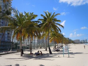 A beach with palm trees, a fenced area, and people sitting on the sand.