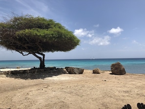 Perto da praia, espreguiçadeiras, toalhas de praia