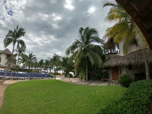 Relax in a serene tropical setting surrounded by lush palm trees and a tranquil pool area.