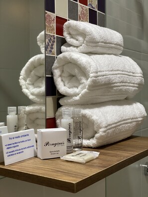 Shower, free toiletries, hair dryer, towels